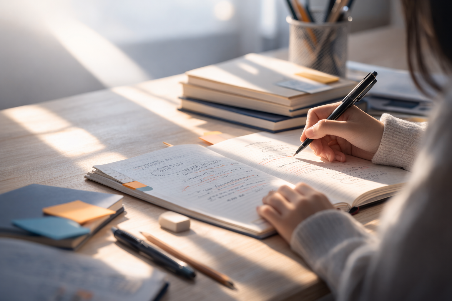 ノートに向かって勉強する手元のイメージ