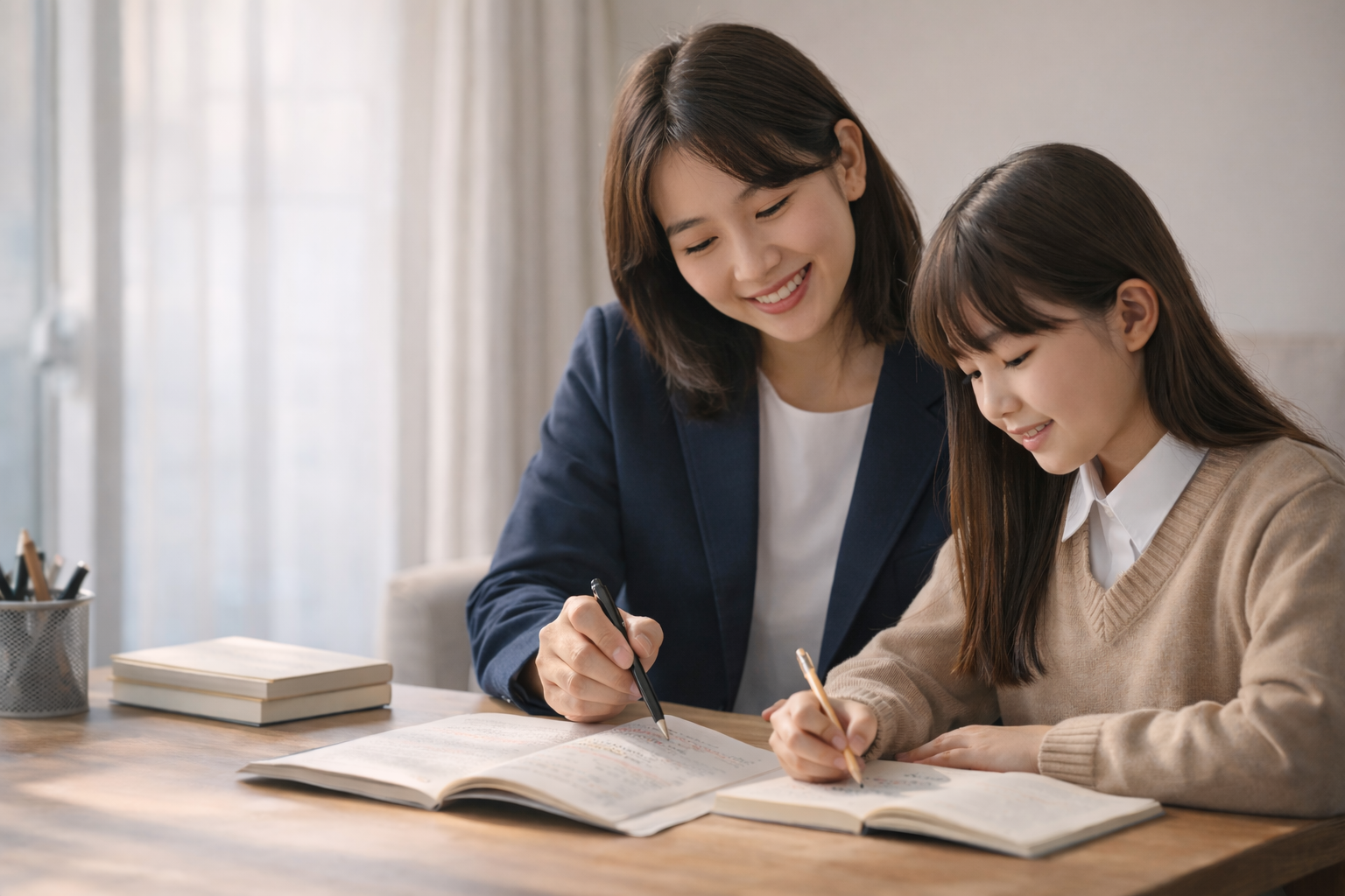 先生と生徒が一緒に学習しているイメージ